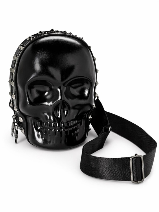 Handbags - Black Skull Head Crossbody Bag Studded Goth Horror Convertible Mini Backpack New
